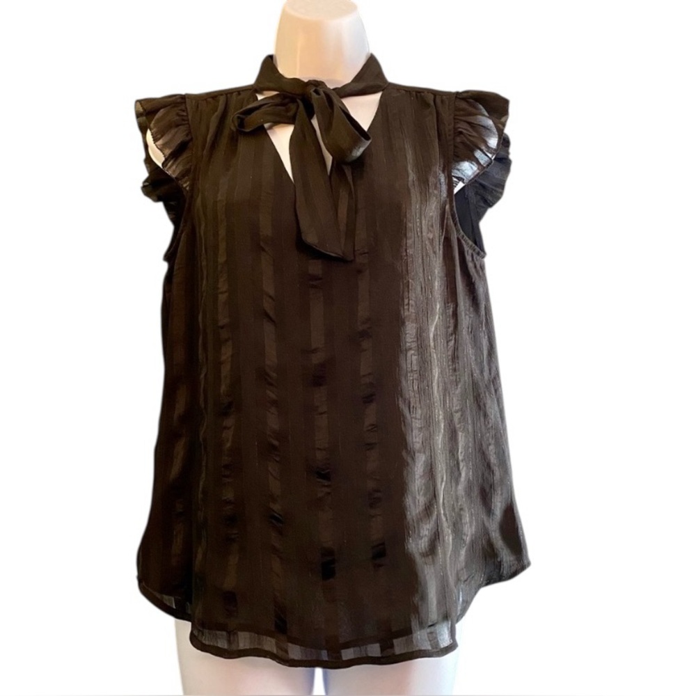 NWOT Calvin Klein Black Flutter Short Sleeve Tie Front Blouse Top Sz Small